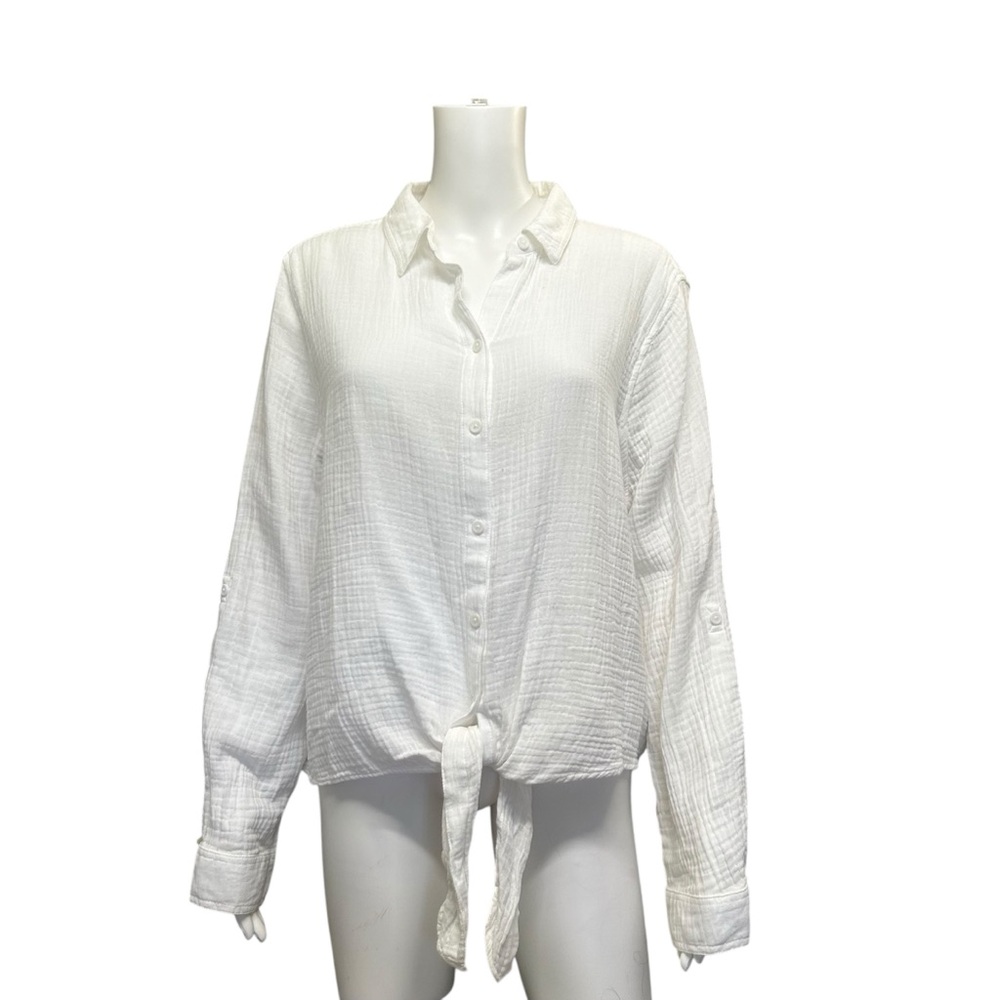 BeachLunchLounge White Cotton Gauzy Tie Button Front Blouse Size XL